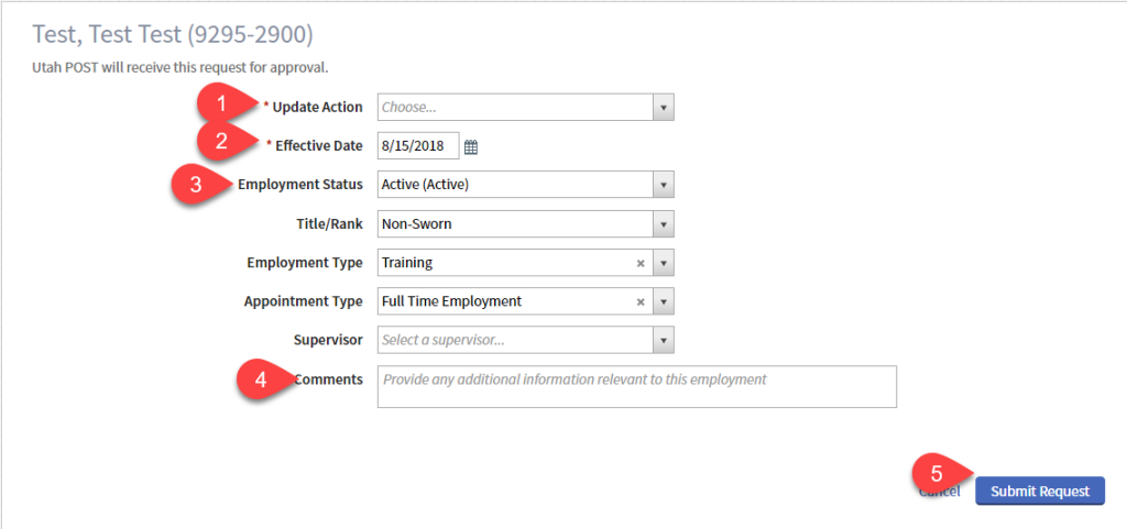 A screenshot of the employment update form for 'Test, Test Test'. Red teardrop icons with numbers 1 through 5 highlight the sequence of steps: Update Action, Effective Date, Employment Status, Comments, and the 'Submit Request' button.